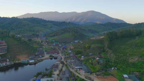 Aerial view of Ban Rak Thai village, chinese hotel resort, Mae Hong Son, Thailand. Nature