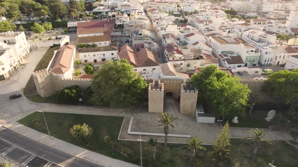 City gate Porta de Sao Goncalo in Lagos, Algarve, Portugal. Aerial cityscape