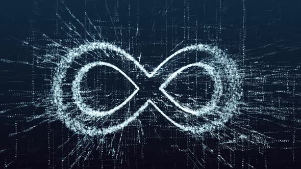 Digital infinity sign consisting of symbols and numbers.