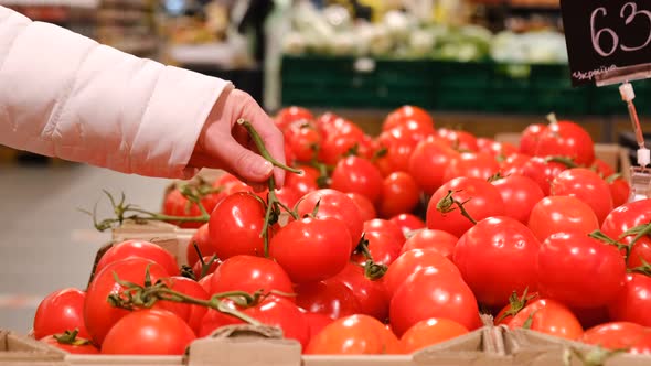 The girl buys tomatoes in the supermarket, natural products