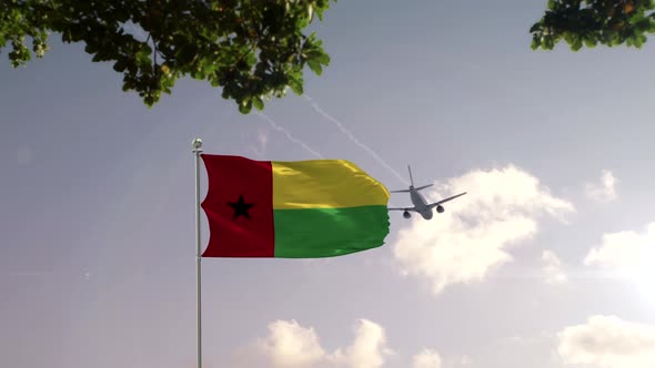 Guinea Bissau Flag With Airplane And City -3D rendering
