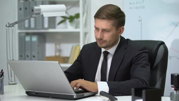 Office Head Working on Laptop, Suffering Strong Pain in Neck, Inflammation