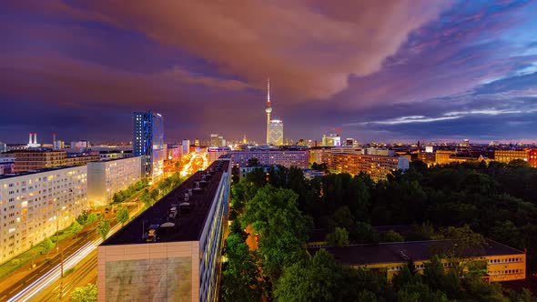 Stormy Day to Night Time Lapse of Berlin cityscape with tv tower, Berlin, Germany