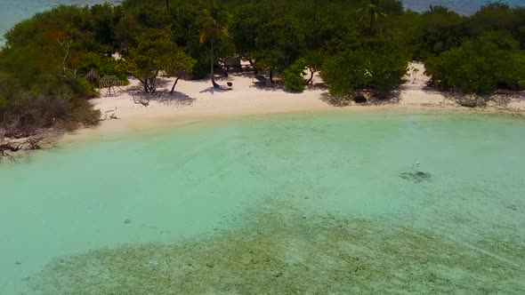 Aerial drone scenery of tourist beach voyage by blue sea and sand background