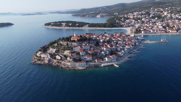 An aerial view of Primosten, Croatia. This is a cute Croatian island connected to the mainland with