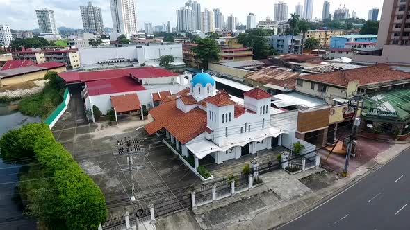 Aerial drone footage of church in Panama City