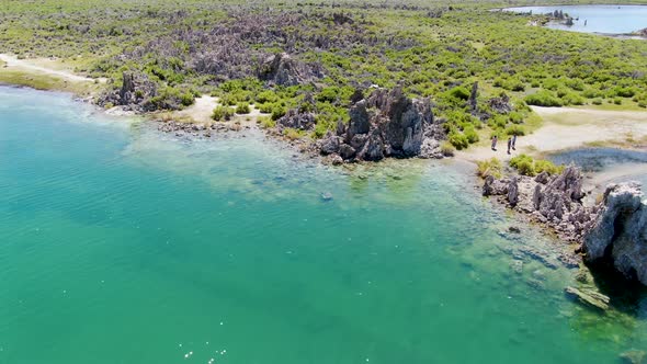 Aerial View of Mono Lake with Tufa Rock Formations During Summer Season, Mono County