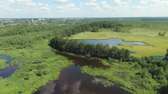 Flight Over the Taiga Forest Lake