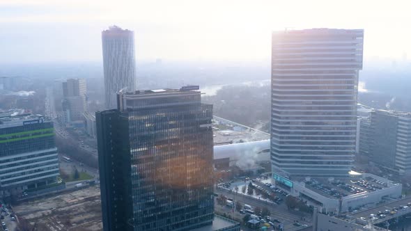 Modern office buildings. Aerial view in front of office building with reflecting windows