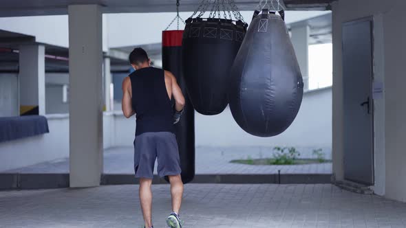 Muscular Male Kickboxer Training on Different Types of Boxing Bags