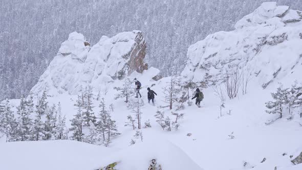 A Group of Tourists Descends From the Top of a Snow-covered Mountain