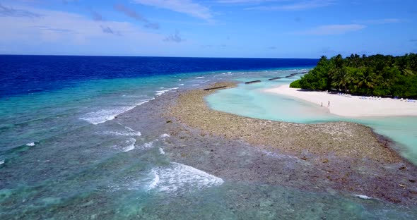 Natural aerial island view of a summer white paradise sand beach and aqua turquoise water background