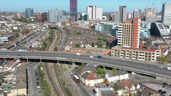 Rising drone shot of Croydon town centre London