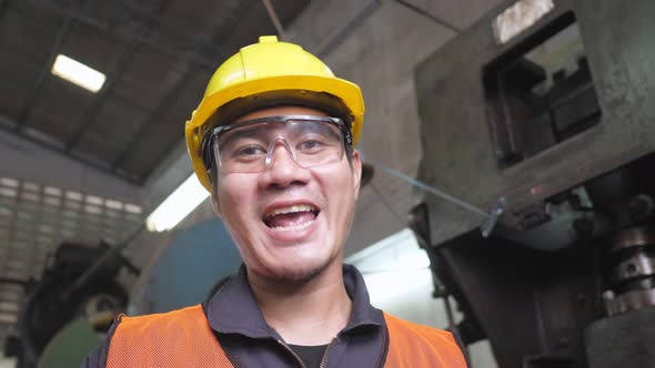 First person view Asian leader engineer satisfy thumbs up cheerful employee success job