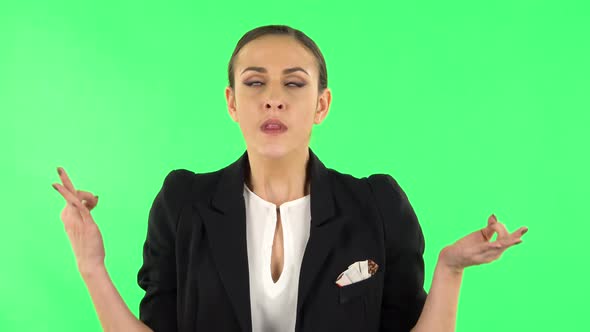 Girl Refuses Stress and Takes Situation, Calms Down, Breathes Deeply. Green Screen