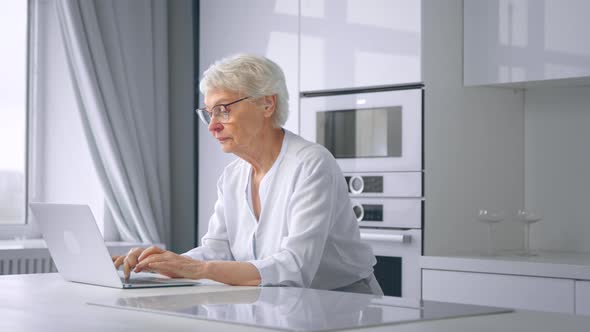 Concentrated aged businesswoman with short grey hair and glasses