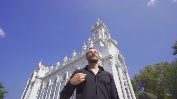 Christian in church, pilgrimage sign.