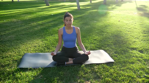 A beautiful young hispanic woman meditating sitting in nature on a yoga mat at sunrise.