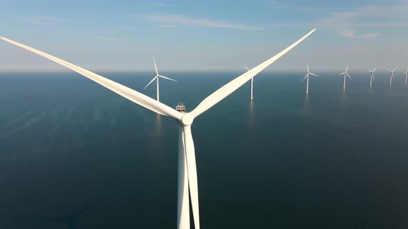 Wind Turbine From Aerial View Drone View at Windpark Westermeerdijk a Windmill Farm in the Lake