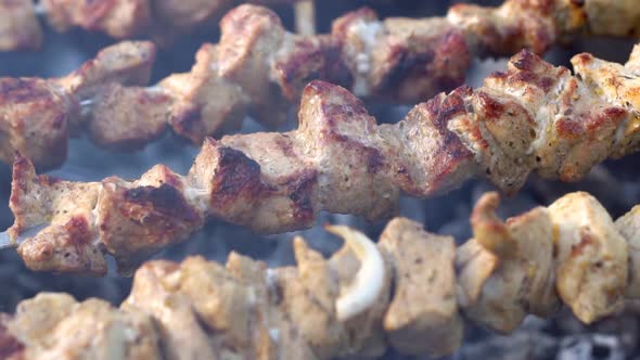 Grilling Pork Kebab on Skewers at Bbq, Cooking Process