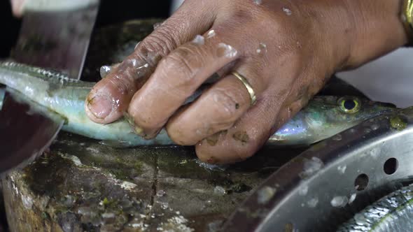 Woman Is Cutting Fish Seafood Market