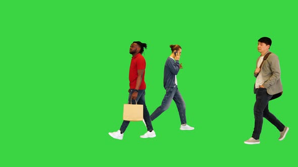 Flow of Young People Outdoors Multiethnic on a Green Screen Chroma Key