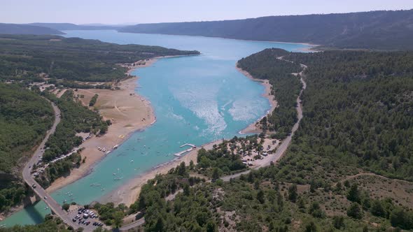 Aerial shot of The Lake of Sainte-Croix (French: Lac de Sainte-Croix) in France