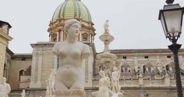 Palermo, Italy - 27 07 2021: sculptures of the fountain of shame in palermo