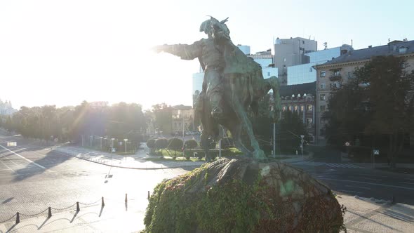 Kyiv, Ukraine: Monument To Bogdan Khmelnitsky in the Morning at Dawn. Aerial View. Slow Motion