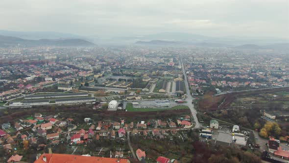 Beautiful Panoramic Aerial View To Palanok Castle at Day and the City of Mukachevo