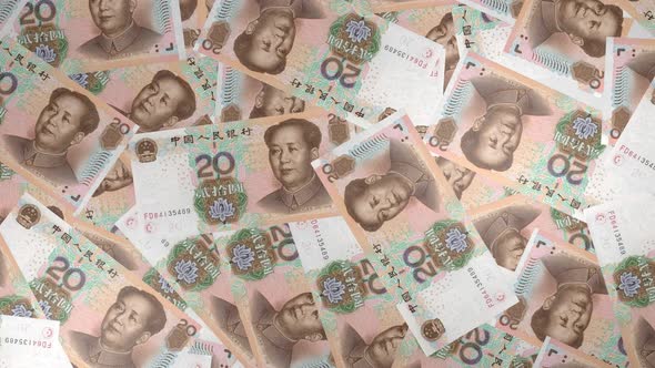 20 Chinese Yuan bills background. Many banknotes.