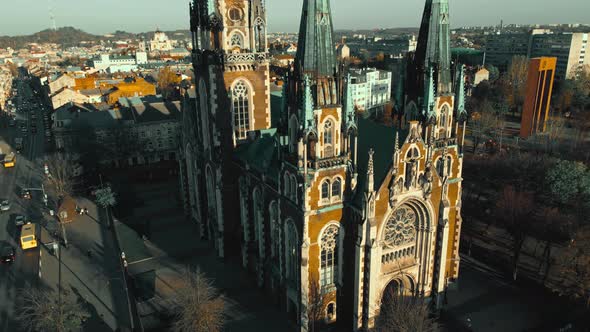Aerial Footage From Flying Drone Over Historical Center of Church of St