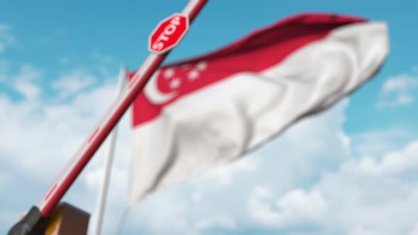 Barrier Gate Being Closed with Flag of Singapore As a Background alt