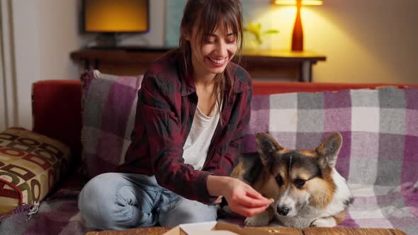 Joyful Woman Watching Film at Home on Couch and Feeding Dog