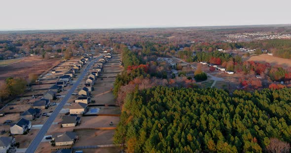 Aerial View of Houses By Rural Road in Boiling Spring South Carolina with Colorful Autumn Fall Trees