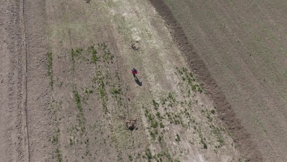 Drone Follows Little Blond Caucasian Boy Running Along Agricultural Field on Suburb