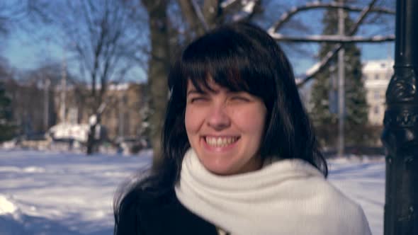 Very Happy Beautiful Girl Jumps Hands Up Feeling Awesome Glad Emotion In Snow