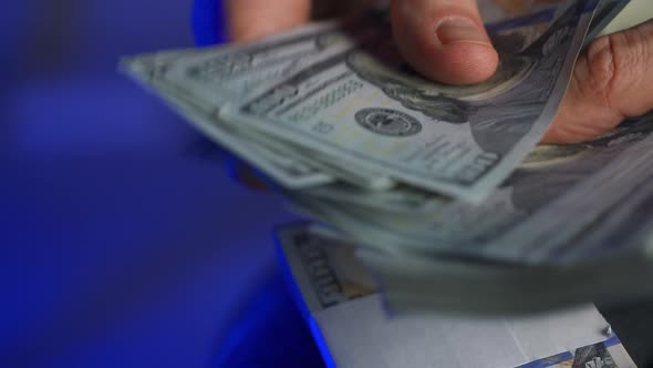 Hands Checks US Dollar Bills or Counting in Cash Against the Backdrop of Police Car Lights