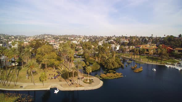 Afternoon aerial shot of Echo Park in Los Angeles