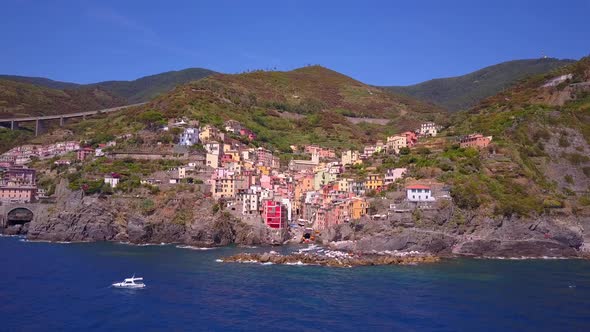 Aerial travel view of Riomaggiore, Cinque Terre, Italy.