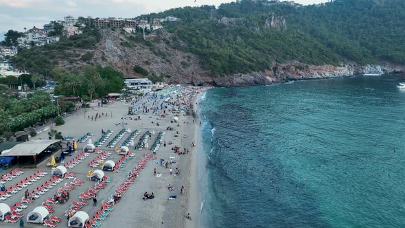 People Swim in the Evening Sea Aerial View 4 K Turkey Alanya