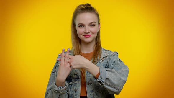 Cheerful Teen Girl Showing Hashtag Symbol with Hands Likes Tagged Message Popular Viral Content