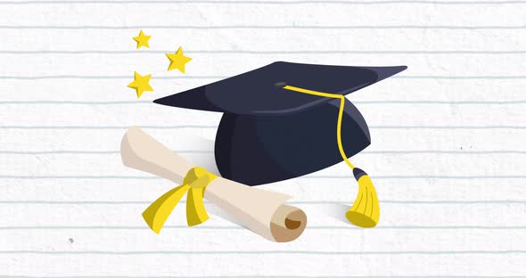 Graduation hat and a diploma with a blue grid on a white background