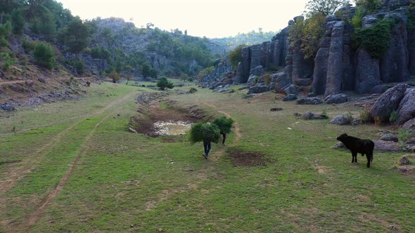 Lansdcape with Rock Formations Farmers and Cow on the Green Pasture