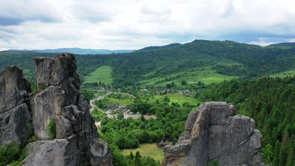 Aerial Drone View of Famous Ukrainian Medieval Cliffside Tustan Fortress Ruins