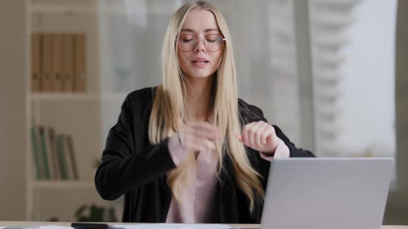 Active Happy Caucasian Business Lady Blonde Success Woman Moving Hands Beats Rhythm on Table Having