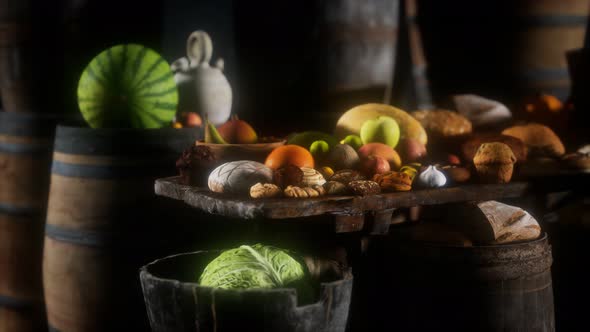 Food Table with Wine Barrels and Some Fruits Vegetables and Bread