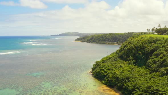Hawaii Coast Aerial View Flying Along Coast Rich Green Sea Cliff Landscape