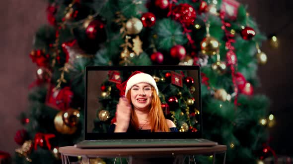 Woman Congratulates Relatives Christmas Via Laptop Online View From Web Camera