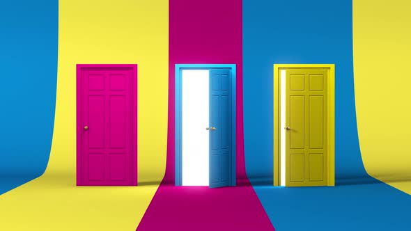 Opportunity concept for everyone and anywhere with multicolored opening doors 4k